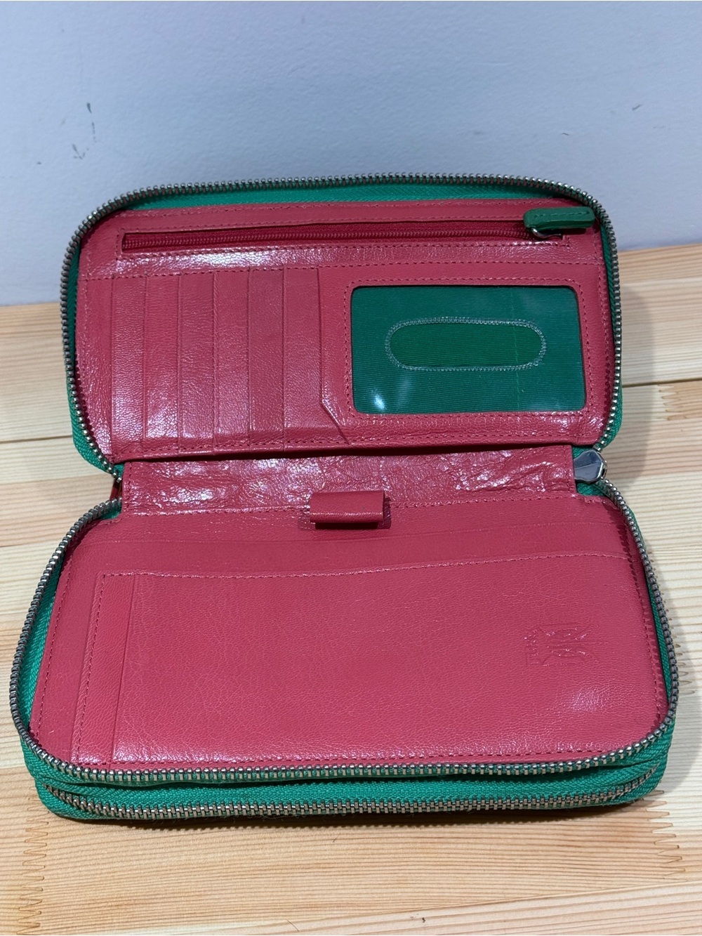 TUSK NYC Leather Double Zip Organizer Wallet Clutch Green Pink Colorblock - Picture 11 of 13